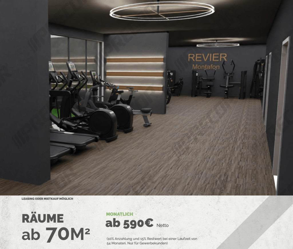 Fitnessraum Beispiel über 70qm. Beispiel am Hotel Montafon in Österreich. Ab 570,- Euro netto im Monat